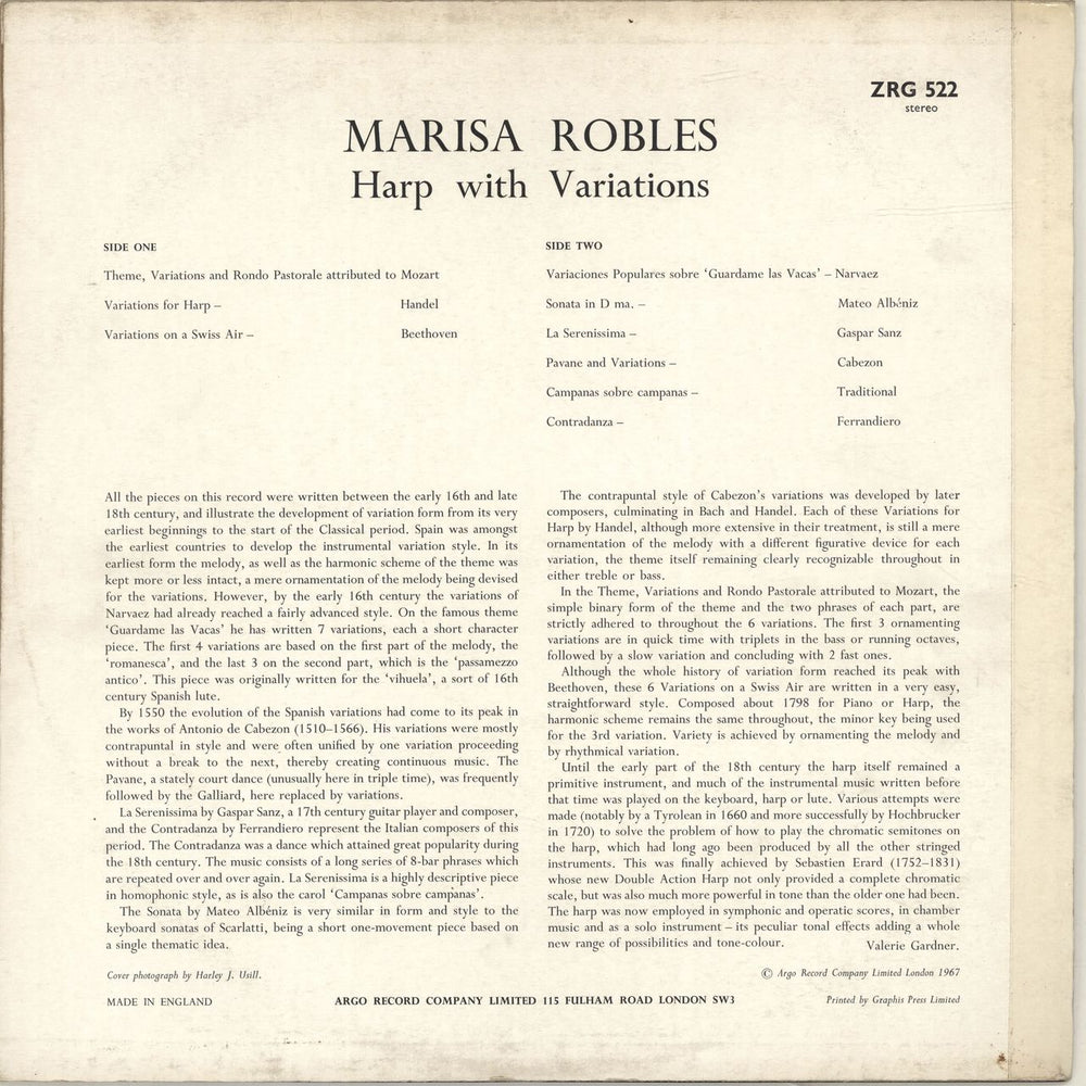 Marisa Robles Harp With Variations UK vinyl LP album (LP record)