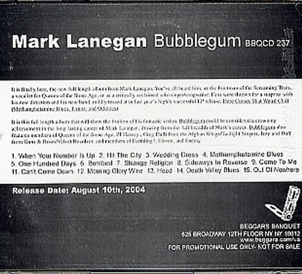 Mark Lanegan Bubblegum US Promo CD album (CDLP) BBQCD237