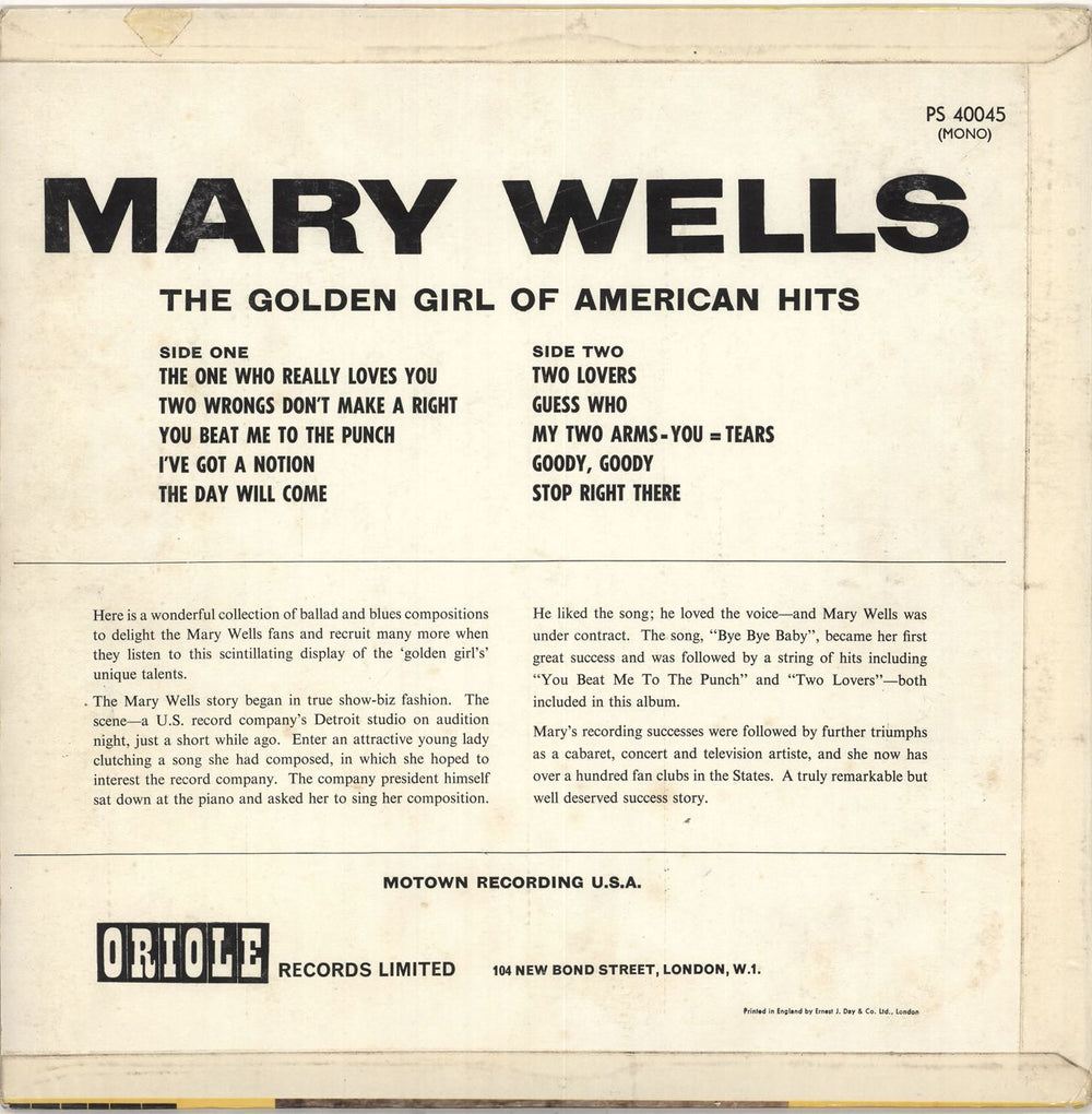 Mary Wells Two Lovers UK vinyl LP album (LP record)