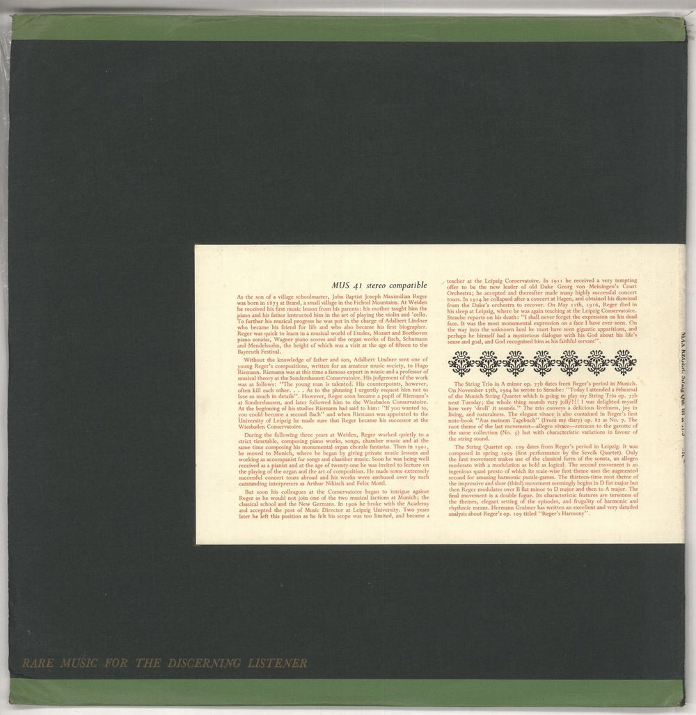 Max Reger String Quartet in E Major, Op.109 / String Trio in A Minor, Op.77b UK vinyl LP album (LP record)