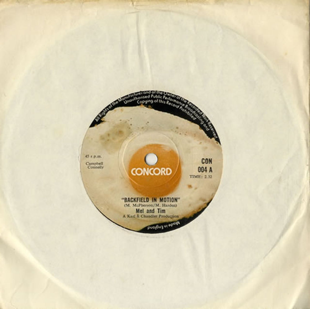 Mel And Tim Backfield In Motion - 3rd - Solid UK 7" vinyl single (7 inch record / 45) CON004