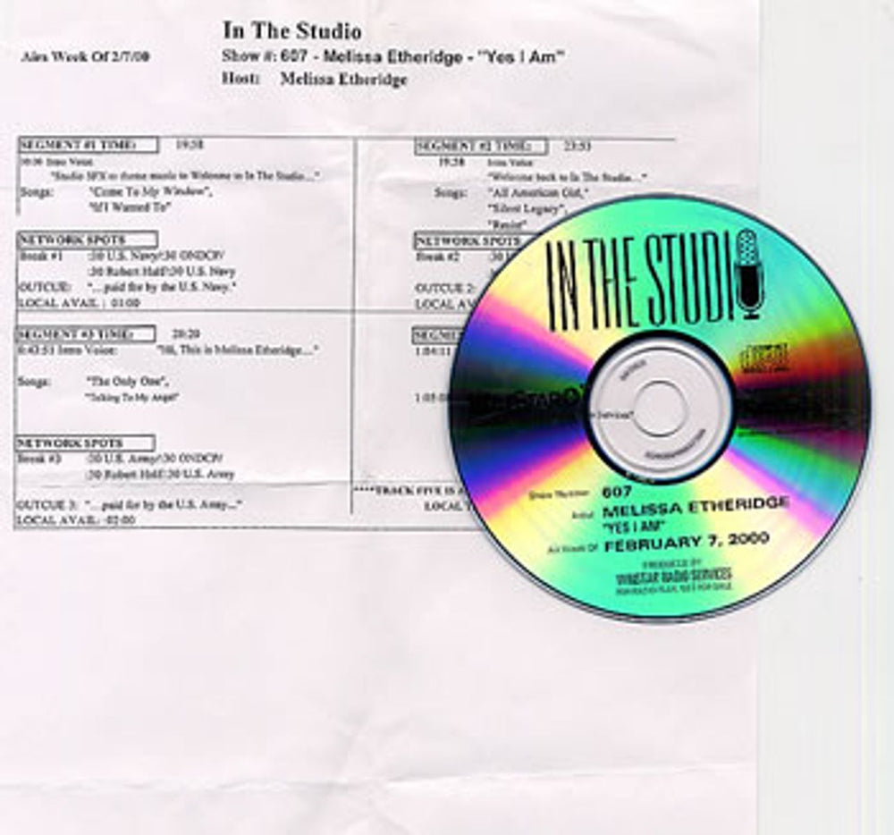 Melissa Etheridge In The Studio - Yes I Am US Promo CD album (CDLP) CD-R ACETATE