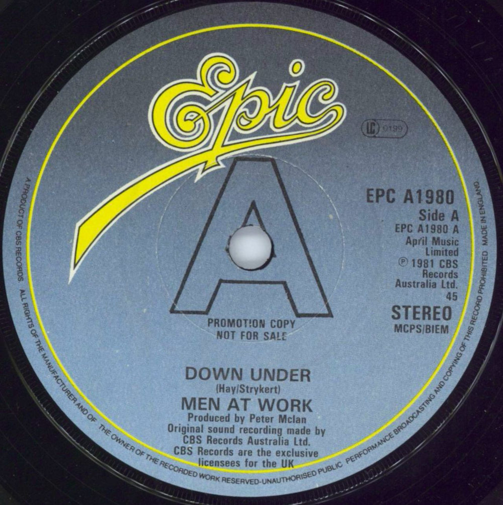 Men At Work Down Under - A Label + PR UK Promo 7" vinyl single (7 inch record / 45) MEN07DO801194