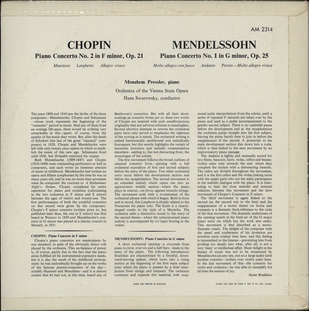 Menahem Pressler Chopin: Piano Concerto No. 2 / Mendelssohn: Piano Concerto No. 1 UK vinyl LP album (LP record)