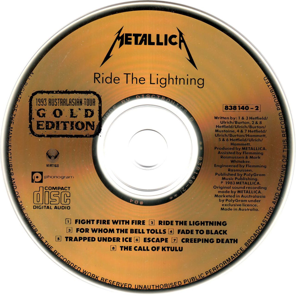 Metallica Ride The Lightning Australian CD album (CDLP) METCDRI16435