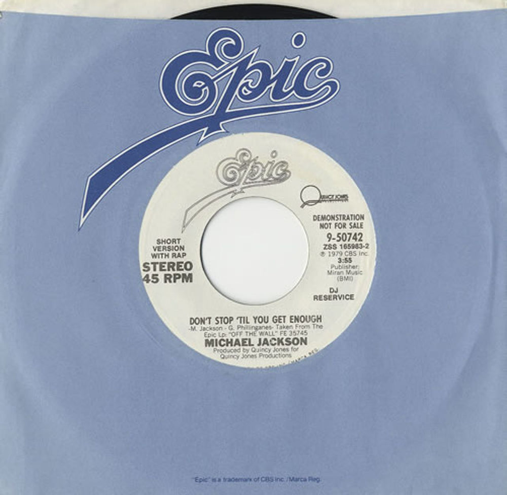 Michael Jackson Don't Stop 'Til You Get Enough US Promo 7" vinyl single (7 inch record / 45) 9-50742