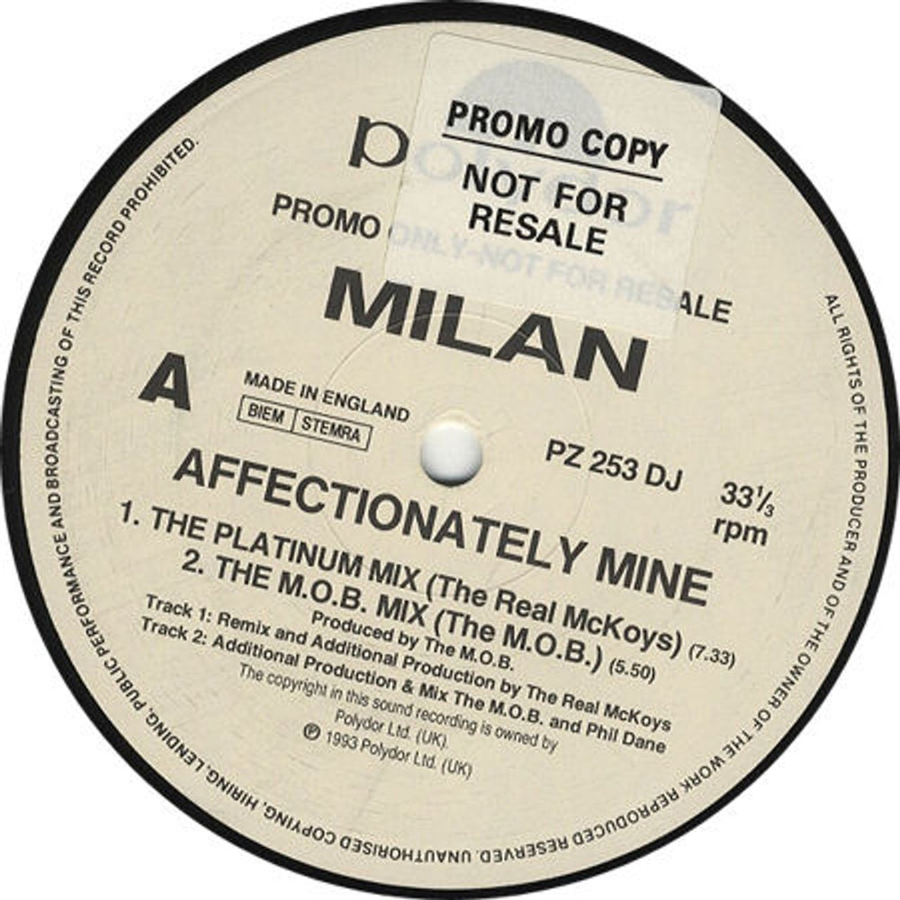 Milan (90s) Affectionately Mine UK Promo 12" vinyl single (12 inch record / Maxi-single) PZ253DJ