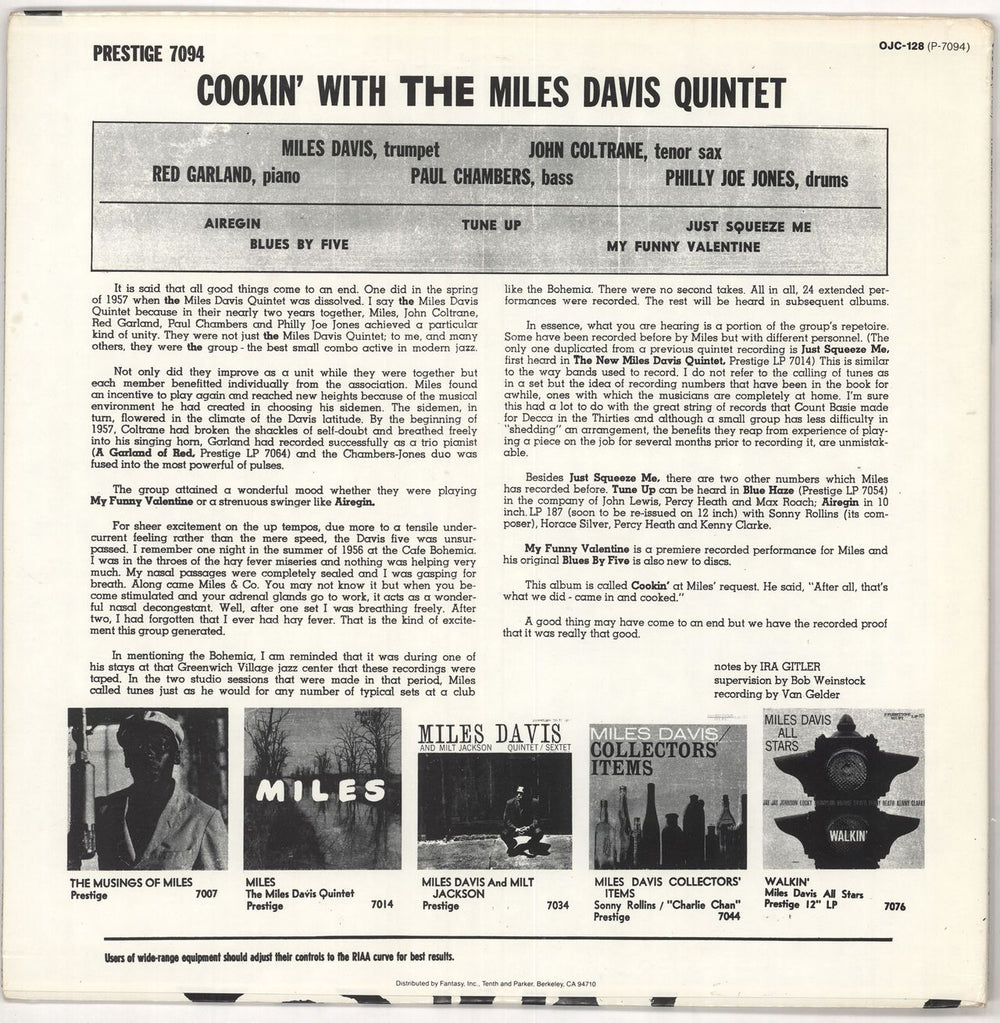 Miles Davis Cookin' With The Miles Davis Quintet US vinyl LP album (LP record)