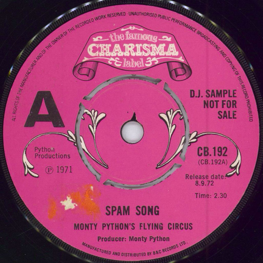 Monty Python Spam Song - Sample UK Promo 7" vinyl single (7 inch record / 45) CB.192