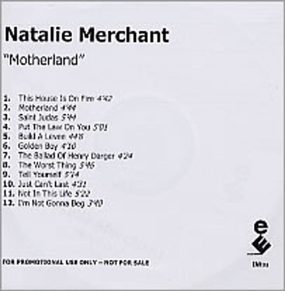 Natalie Merchant Motherland UK Promo CD-R acetate CD ACETATE