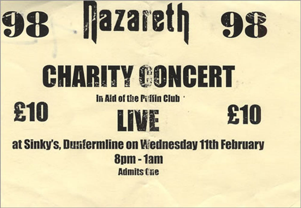 Nazareth Charity Concert UK concert ticket USED TICKET