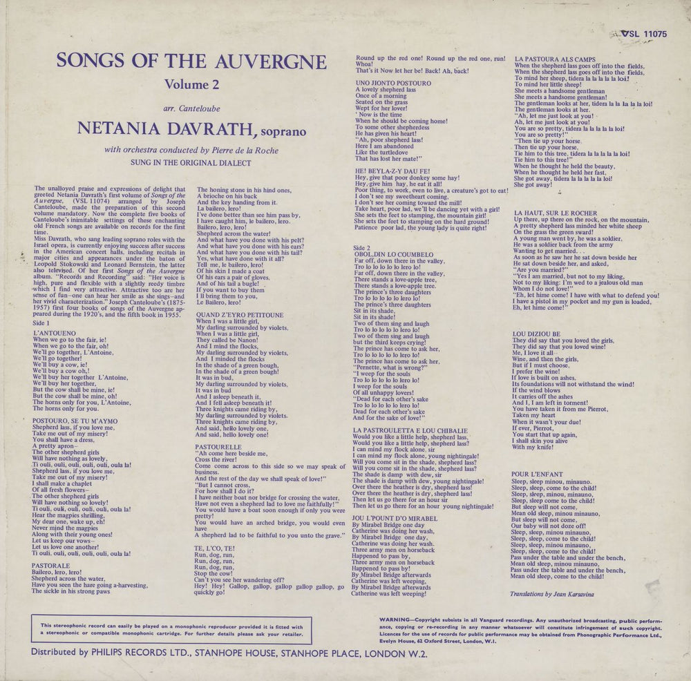 Netania Davrath Songs Of The Auvergne Vol. 2 UK vinyl LP album (LP record)