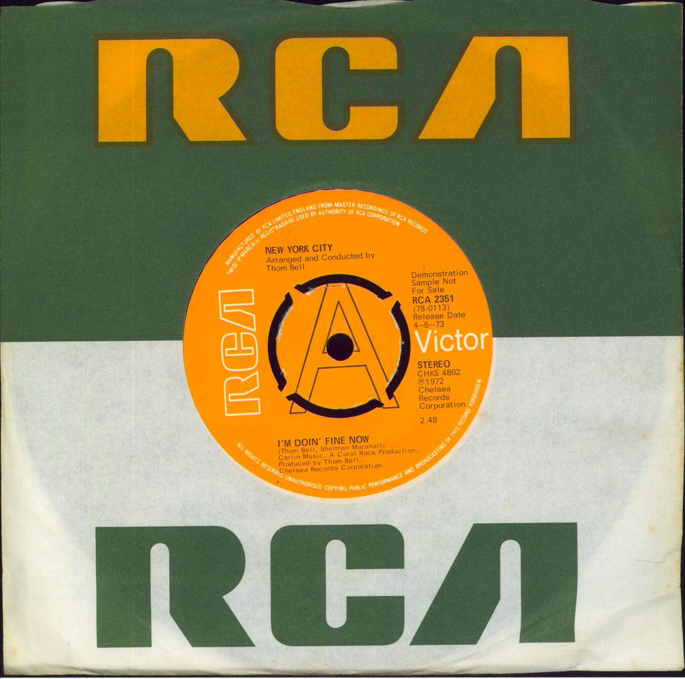 New York City I'm Doin' Fine Now - A Label UK 7" vinyl single (7 inch record / 45) RCA2351