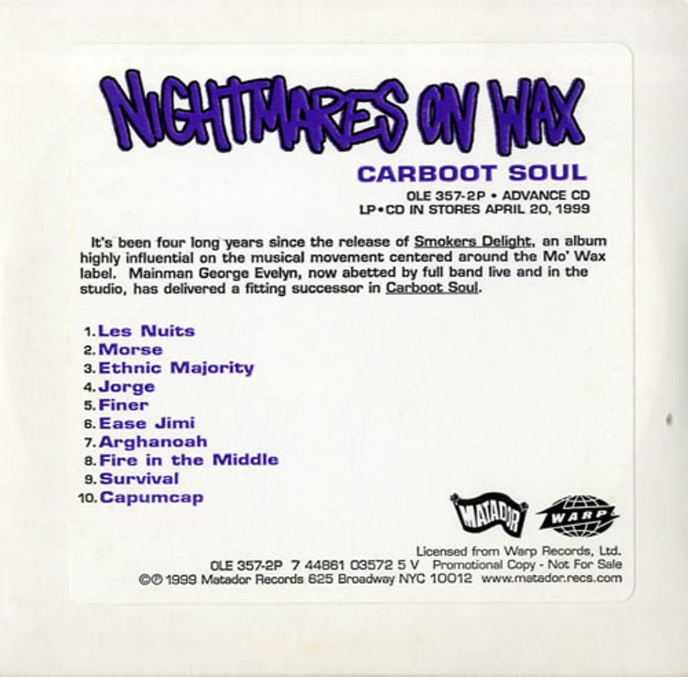 Nightmares On Wax Carboot Soul US Promo CD album (CDLP) OLE357-2P