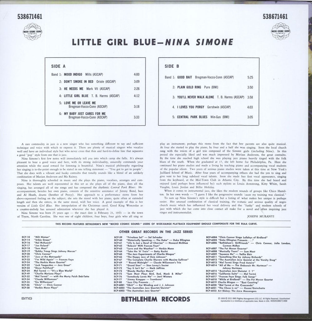 Nina Simone Little Girl Blue - 2021 Stereo Remaster - 180gm Vinyl US vinyl LP album (LP record) 4050538671469