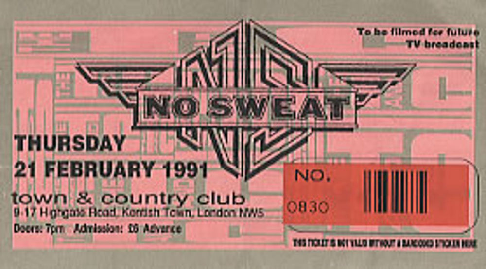 No Sweat Concert Ticket UK concert ticket
