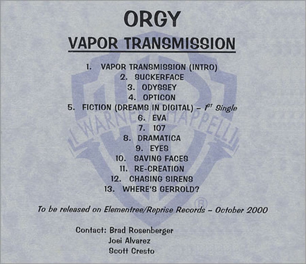 Orgy Vapor Transmission - 13-track US Promo CD-R acetate CD ACETATE