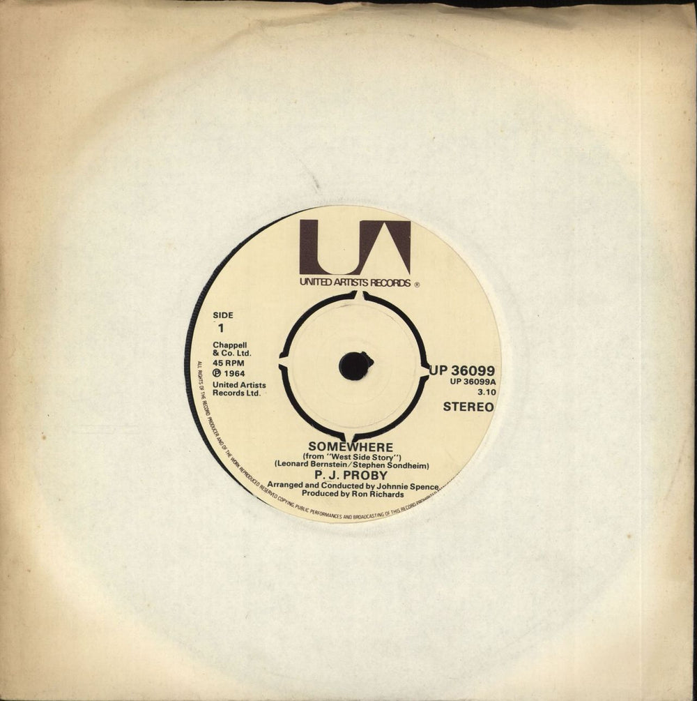 P. J. Proby Somewhere UK 7" vinyl single (7 inch record / 45) UP36099