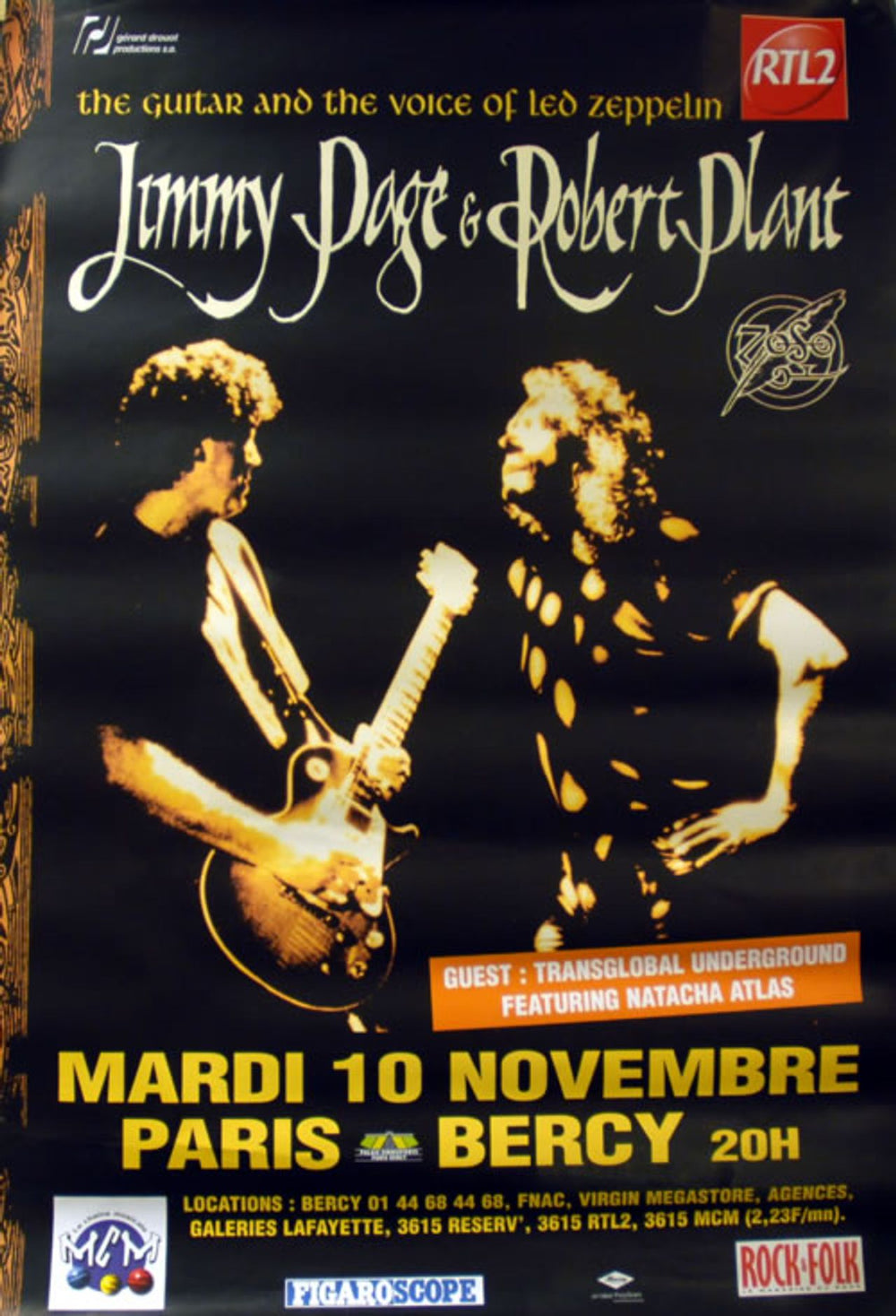 Page & Plant Live In Paris 1998 French Promo poster 47 X 68