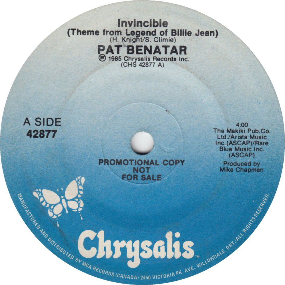 Pat Benatar Invincible (Theme From The Legend Of Billie Jean) Canadian Promo 7" vinyl single (7 inch record / 45) 42877