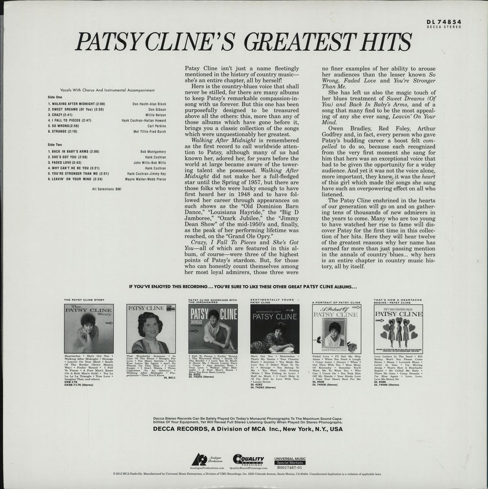 Patsy Cline Patsy Cline's Greatest Hits - 200gm US vinyl LP album (LP record)