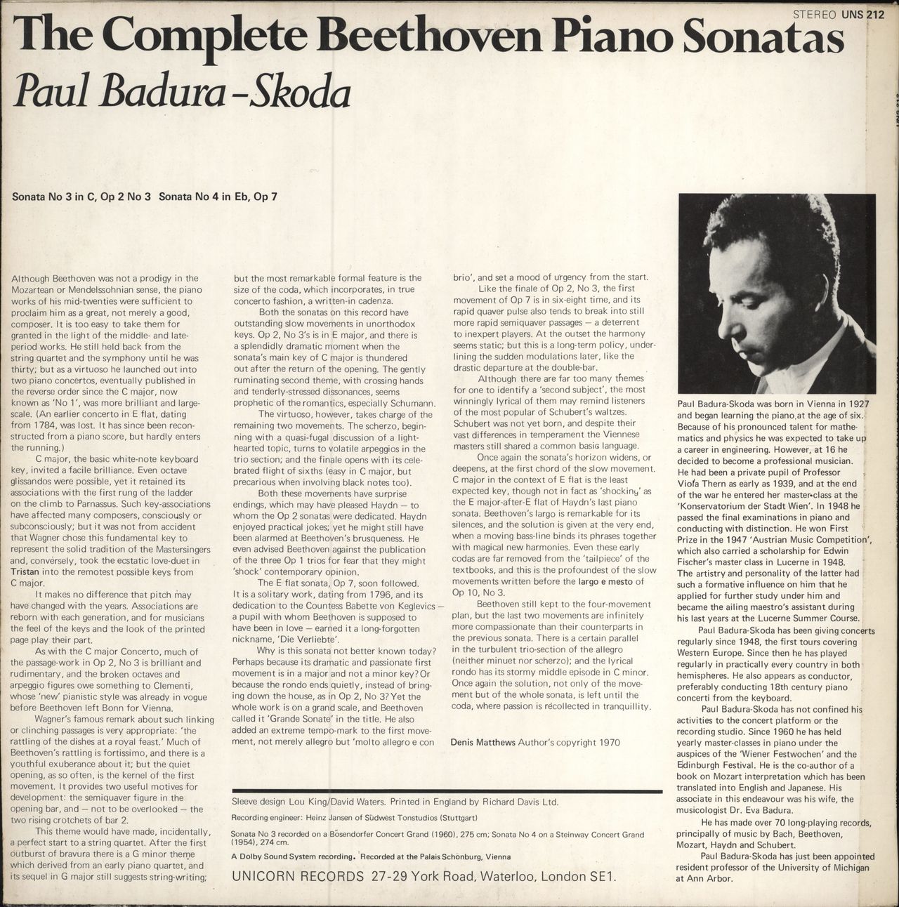 Paul Badura-Skoda Beethoven Sonatas Volume 2 UK Vinyl LP