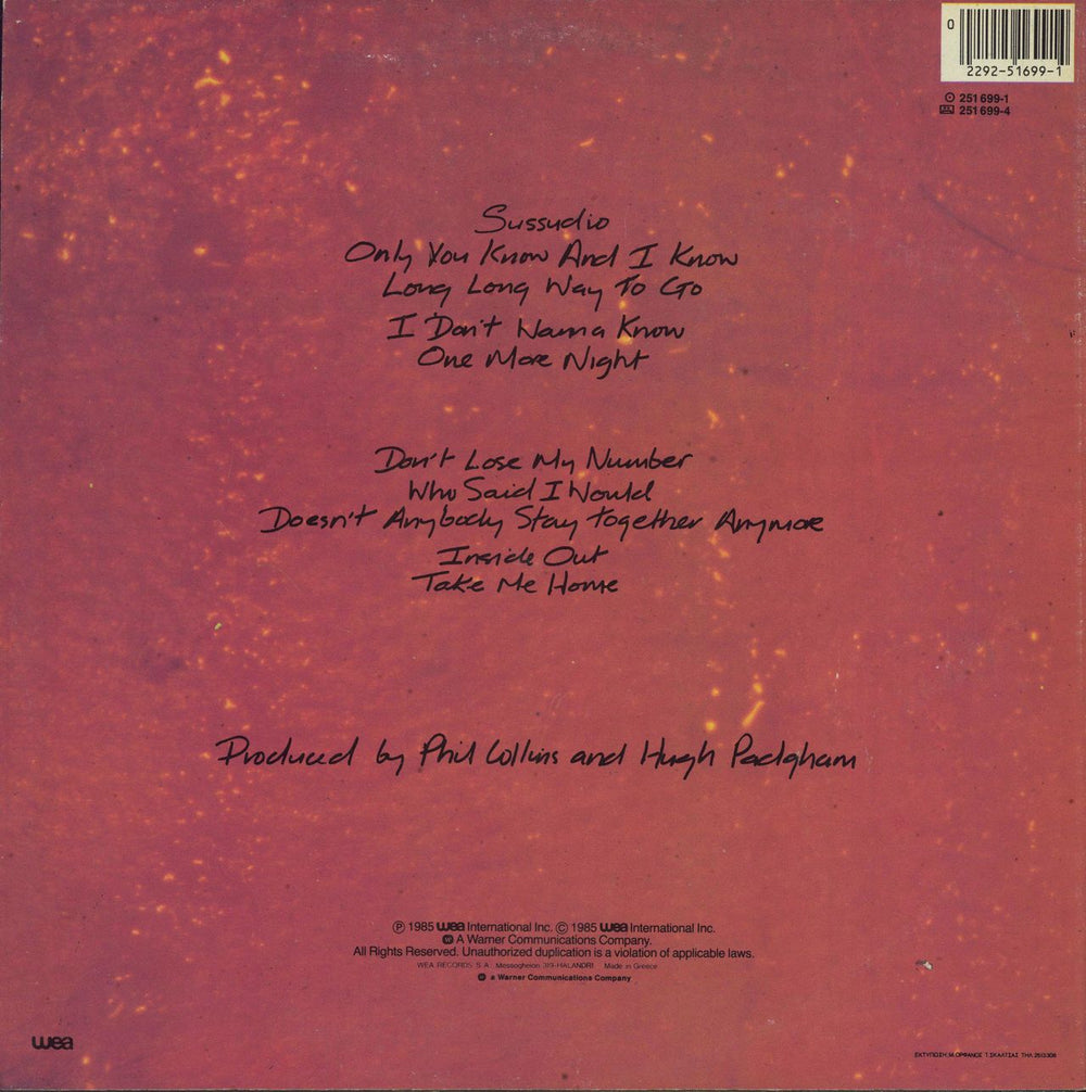 Phil Collins No Jacket Required Greek vinyl LP album (LP record)