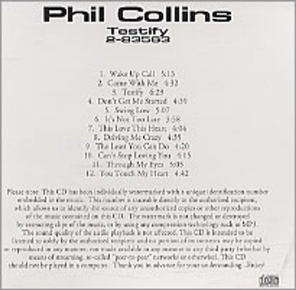 Phil Collins Testify US Promo CD-R acetate CD ACETATE