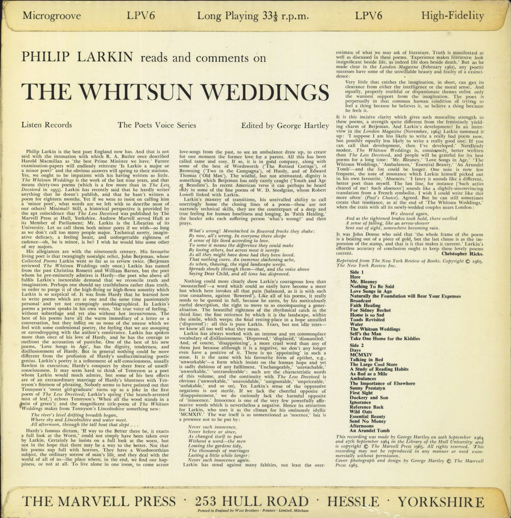 Philip Larkin The Whitsun Weddings UK vinyl LP album (LP record)