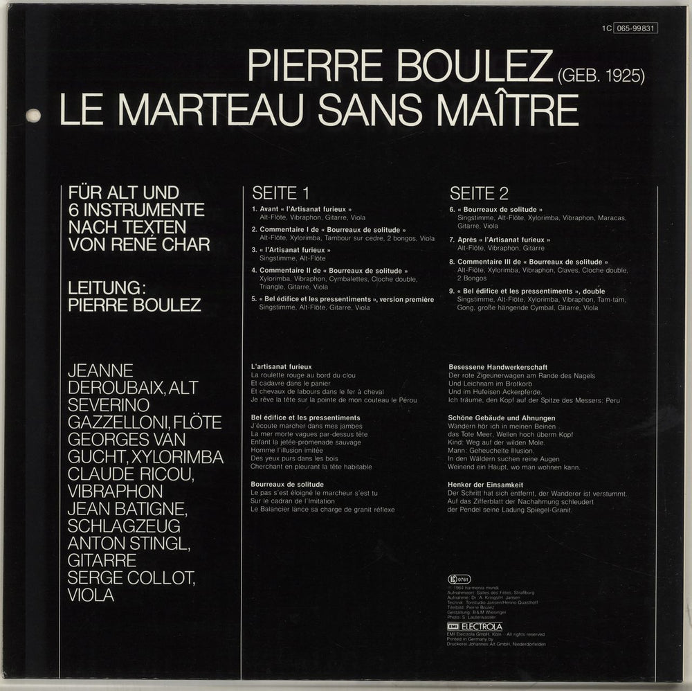 Pierre Boulez Le Marteau Sans Maître Für Alt Und Sechs Instrumente Nach Texten Von René Char German vinyl LP album (LP record)