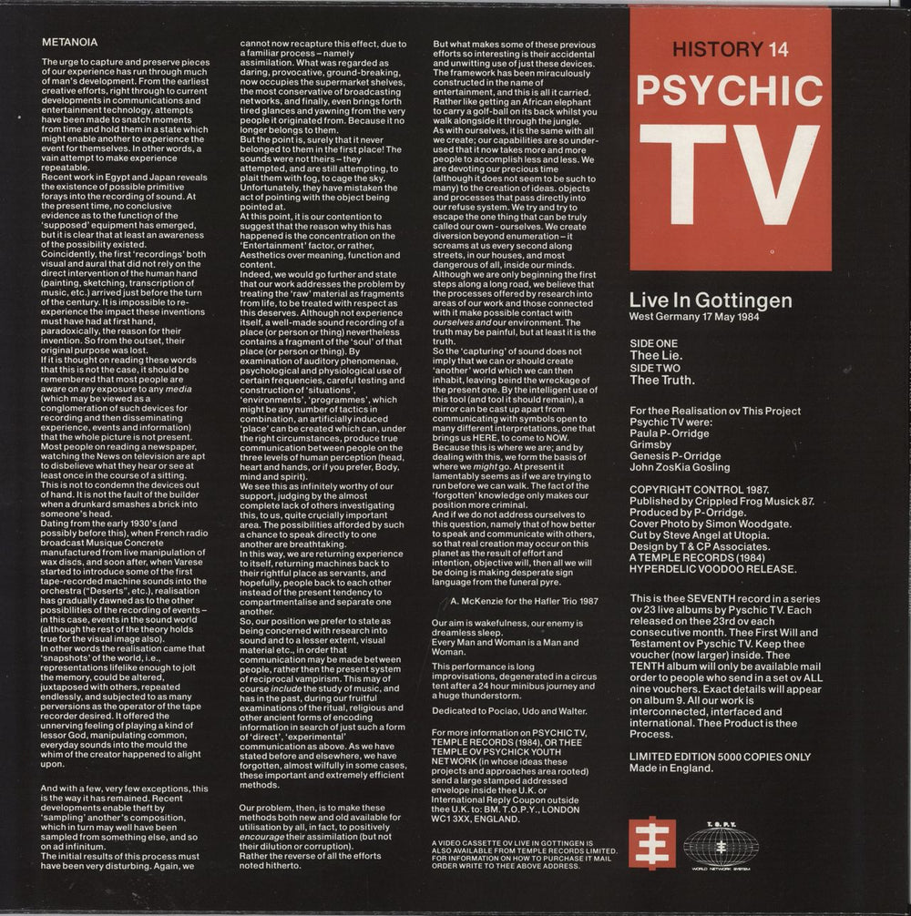 Psychic TV Live In Gottingen UK vinyl LP album (LP record)