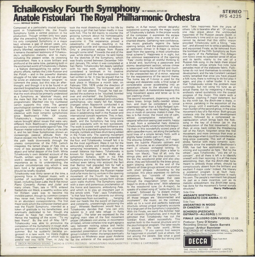 Pyotr Ilyich Tchaikovsky Tchaikovsky Fourth Symphony UK vinyl LP album (LP record)