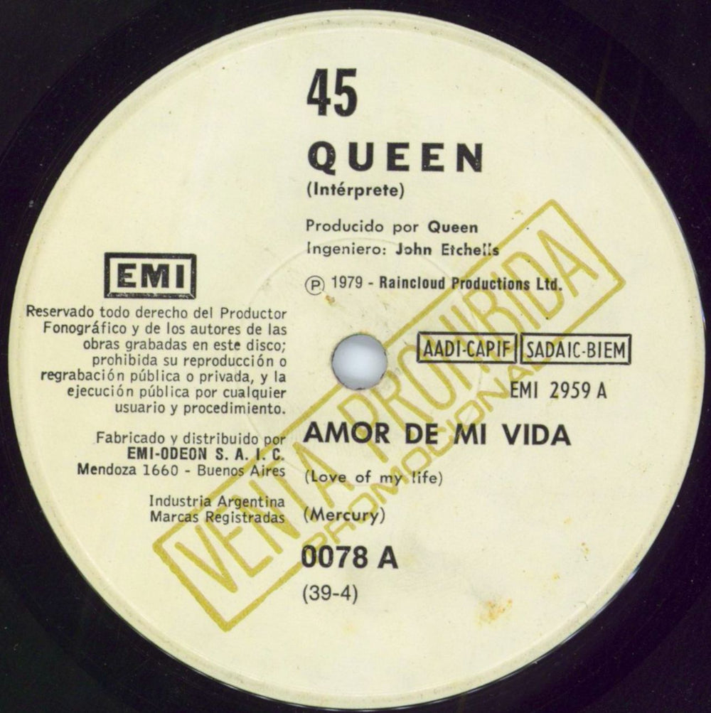 Queen Amor De Mi Vida Argentinean Promo 7" vinyl single (7 inch record / 45) 0078