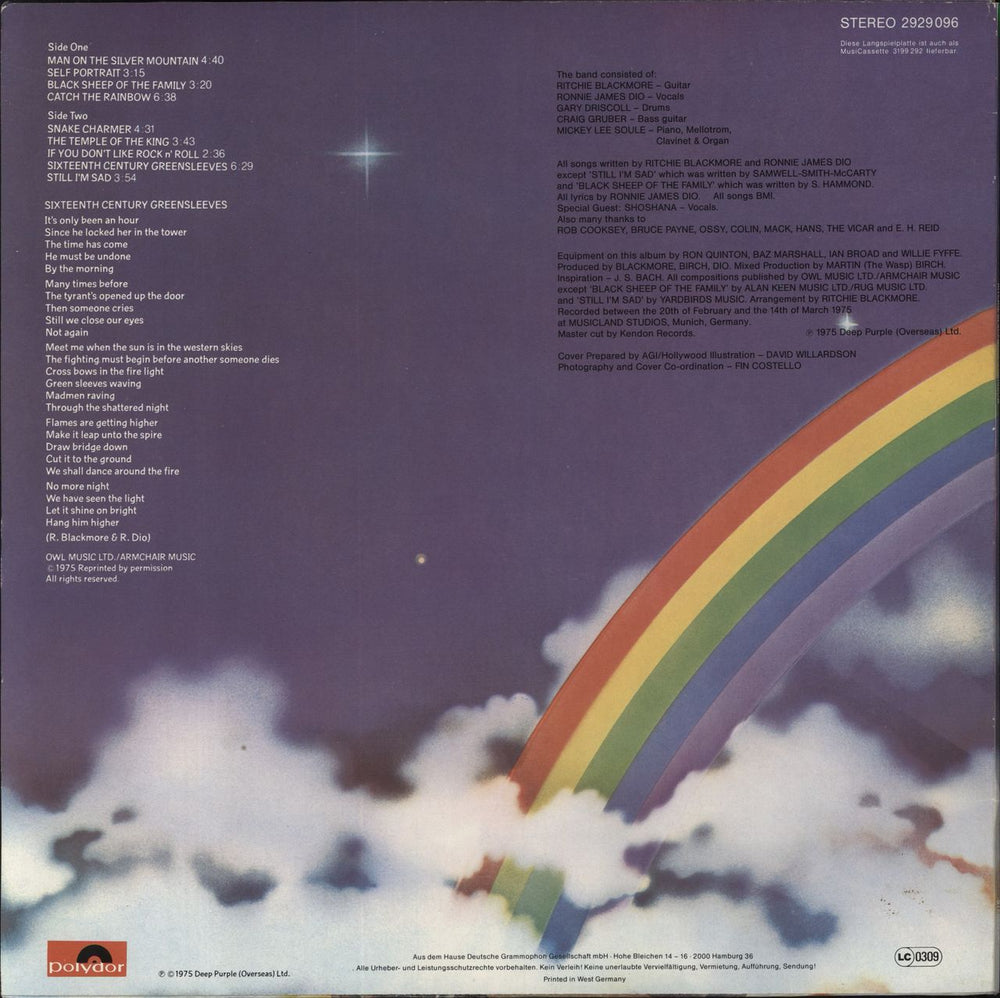 Rainbow Ritchie Blackmore's Rainbow German vinyl LP album (LP record)
