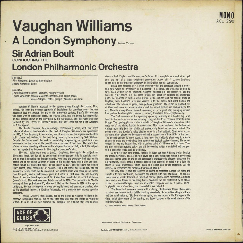 Ralph Vaughan Williams A London Symphony UK vinyl LP album (LP record)