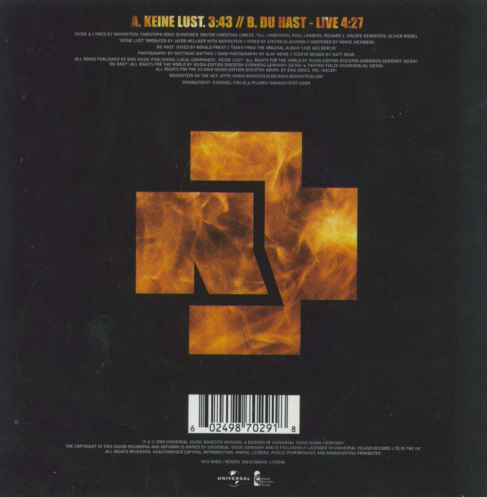 Rammstein Keine Lust UK 7" vinyl single (7 inch record / 45) 602498702918