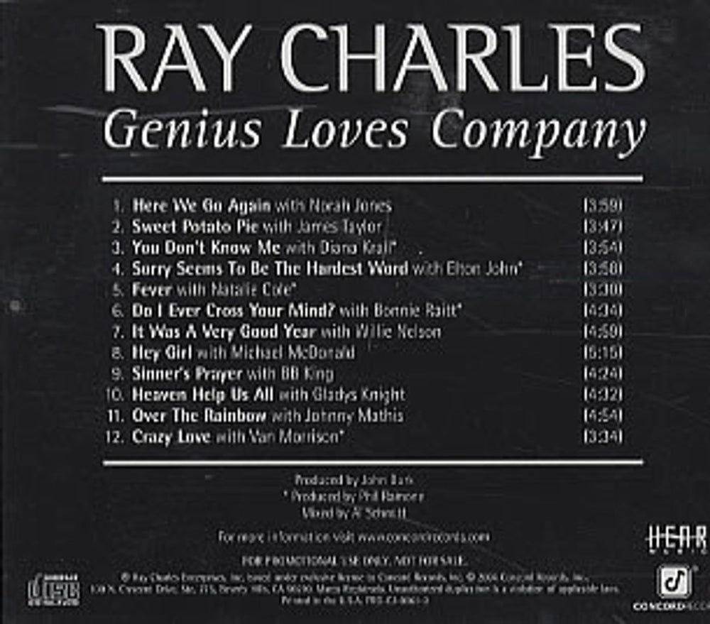 Ray Charles Genius Loves Company US Promo CD album (CDLP) PRO-CJ-0061-2