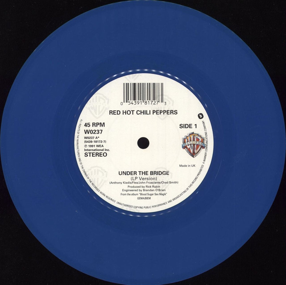 Red Hot Chili Peppers Under The Bridge - Blue Vinyl UK 7" vinyl single (7 inch record / 45) RHC07UN27777