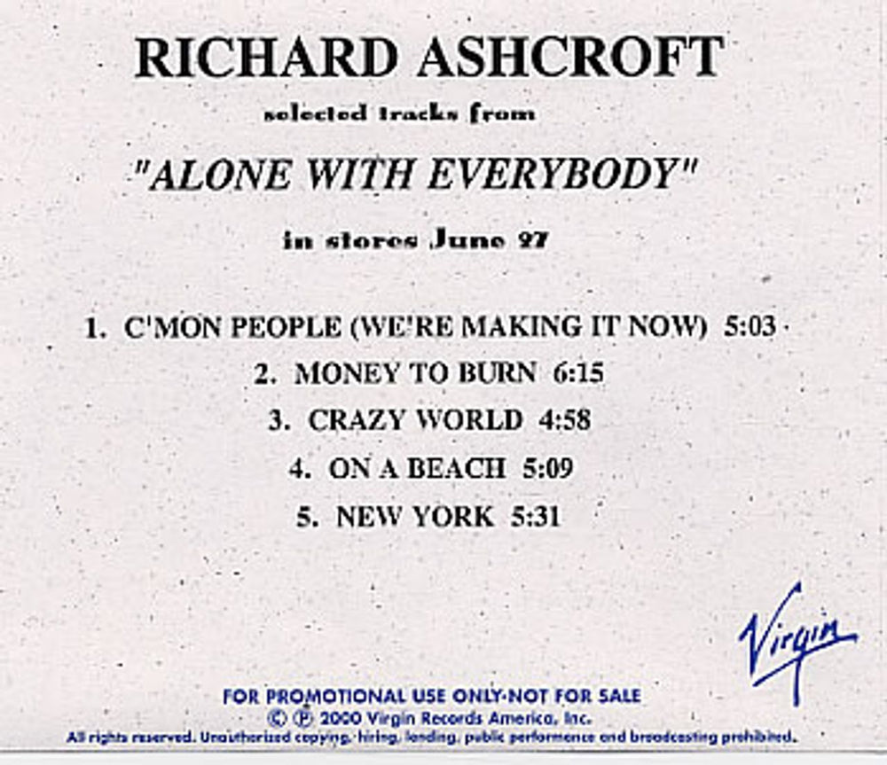 Richard Ashcroft Selected Tracks From Alone With Everybody US Promo CD-R acetate CD ACETATE