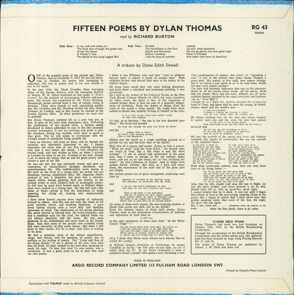 Richard Burton Fifteen Poems By Dylan Thomas - 1st UK vinyl LP album (LP record)