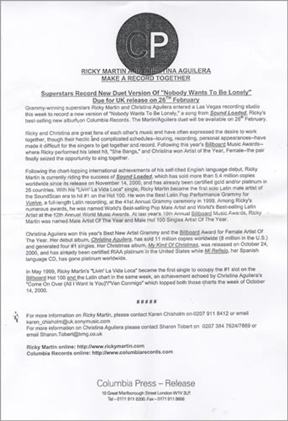 Ricky Martin Nobody Wants To Be Lonely Acetate UK Promo CD-R acetate RKMCRNO176047