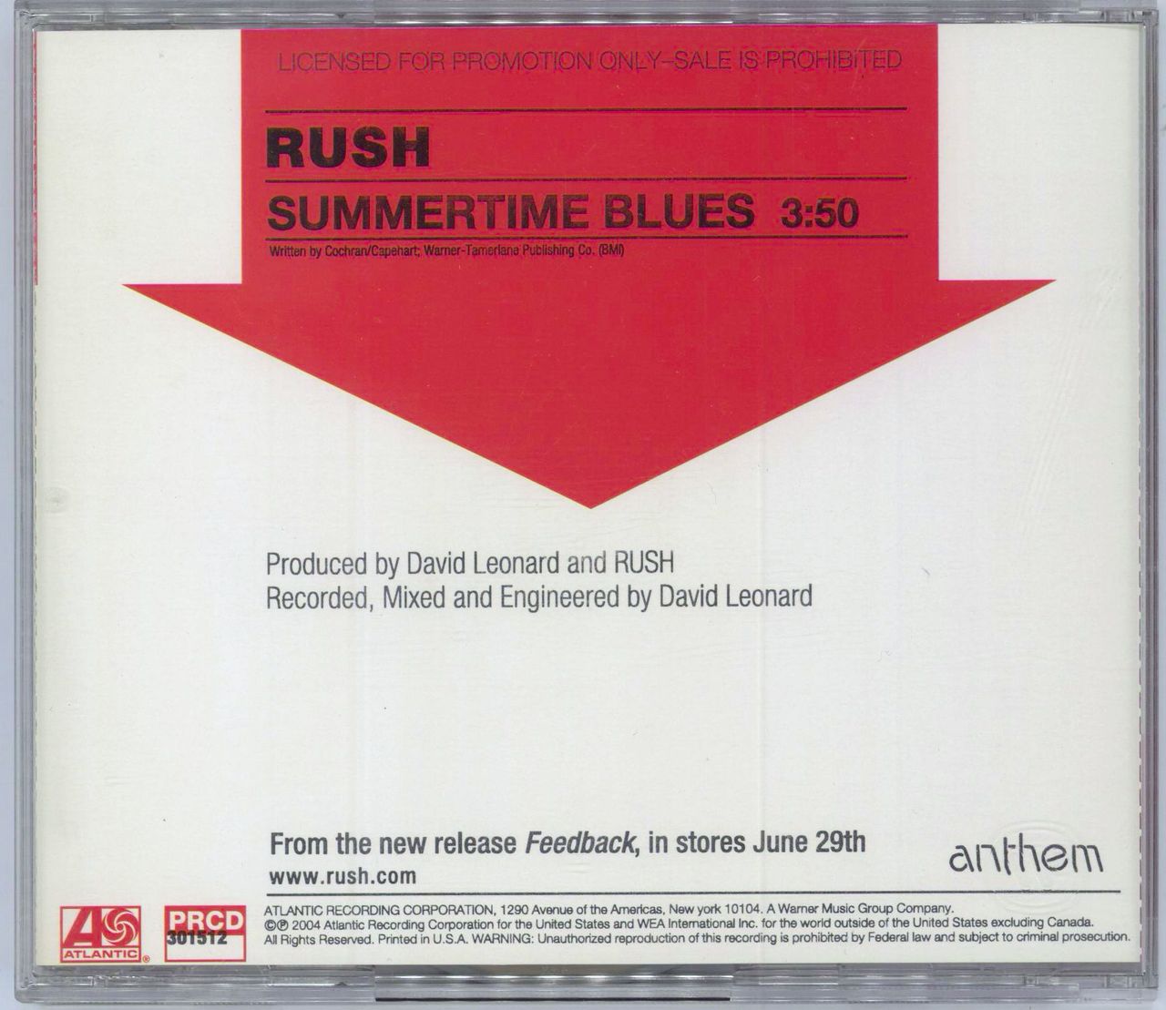 Rush Summertime Blues US Promo CD single (CD5 / 5")