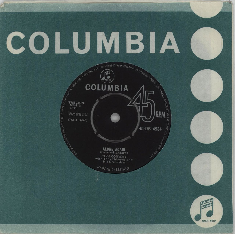 Russ Conway Alone Again + Signed Compliments Slip UK 7" vinyl single (7 inch record / 45) 45-DB4934