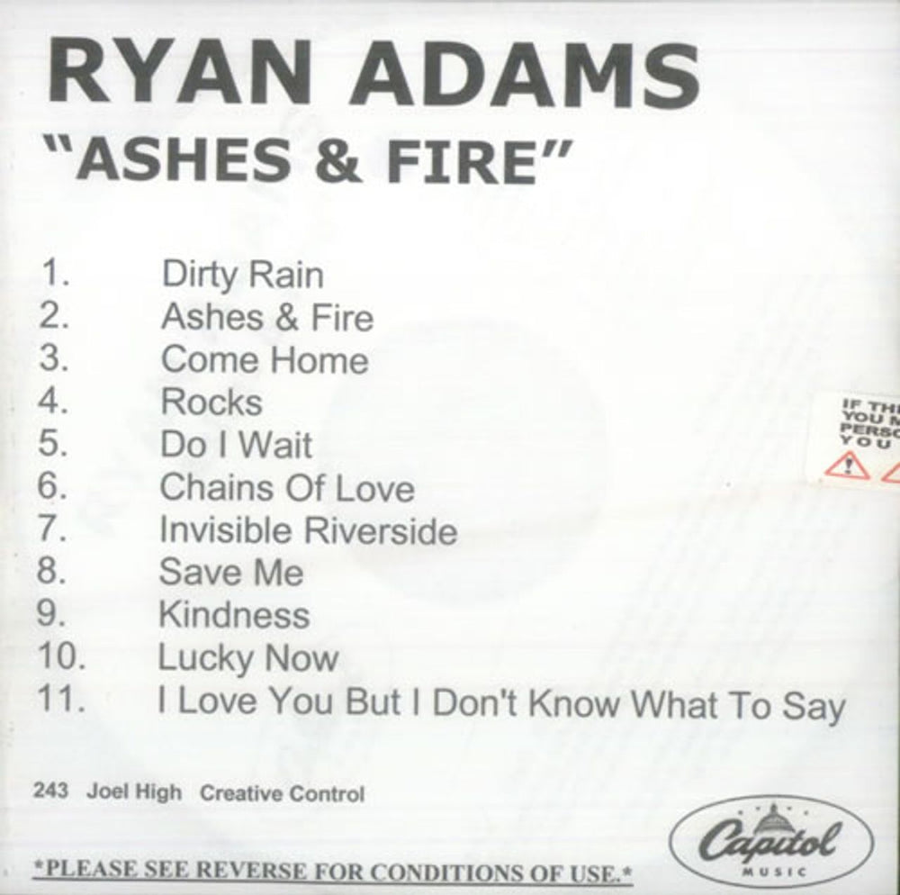 Ryan Adams Ashes & Fire US Promo CD-R acetate CD-R ACETATE