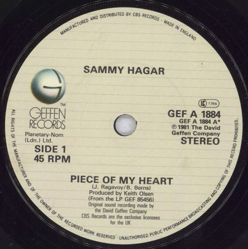 Sammy Hagar Piece Of My Heart UK 7" vinyl single (7 inch record / 45) HGA07PI829593