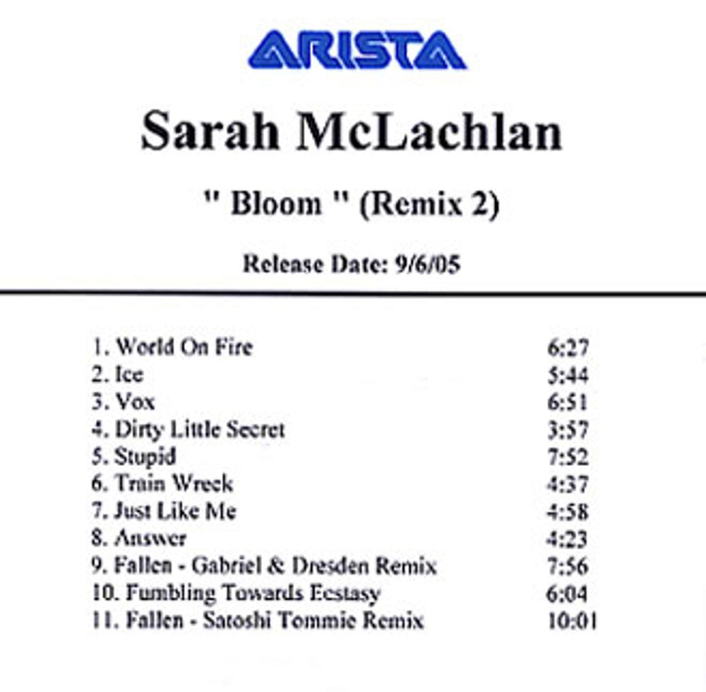 Sarah McLachlan Bloom - Remix 2 - 11-Track US CD-R acetate CDR ACETATE