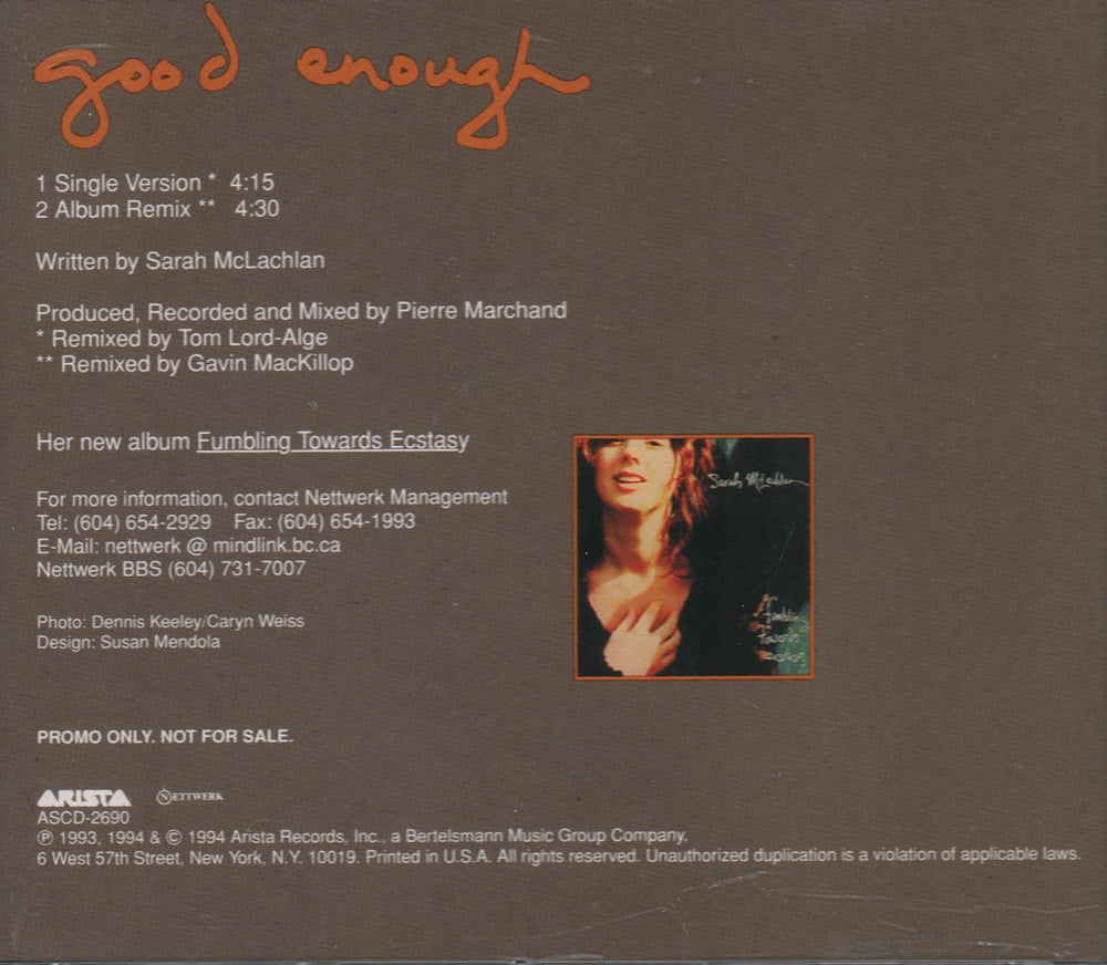 Sarah McLachlan Good Enough US Promo CD single (CD5 / 5") MCLC5GO93067