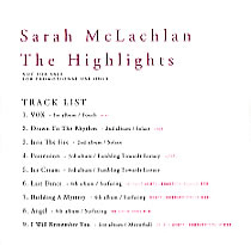 Sarah McLachlan The Highlights - 9 Track Japanese Promo CD-R acetate CD-R ACETATE