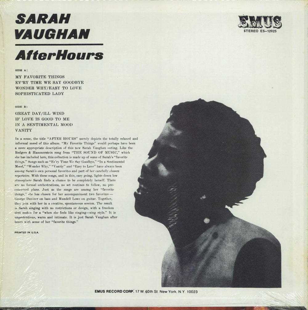 Sarah Vaughan After Hours - shrink US vinyl LP album (LP record)