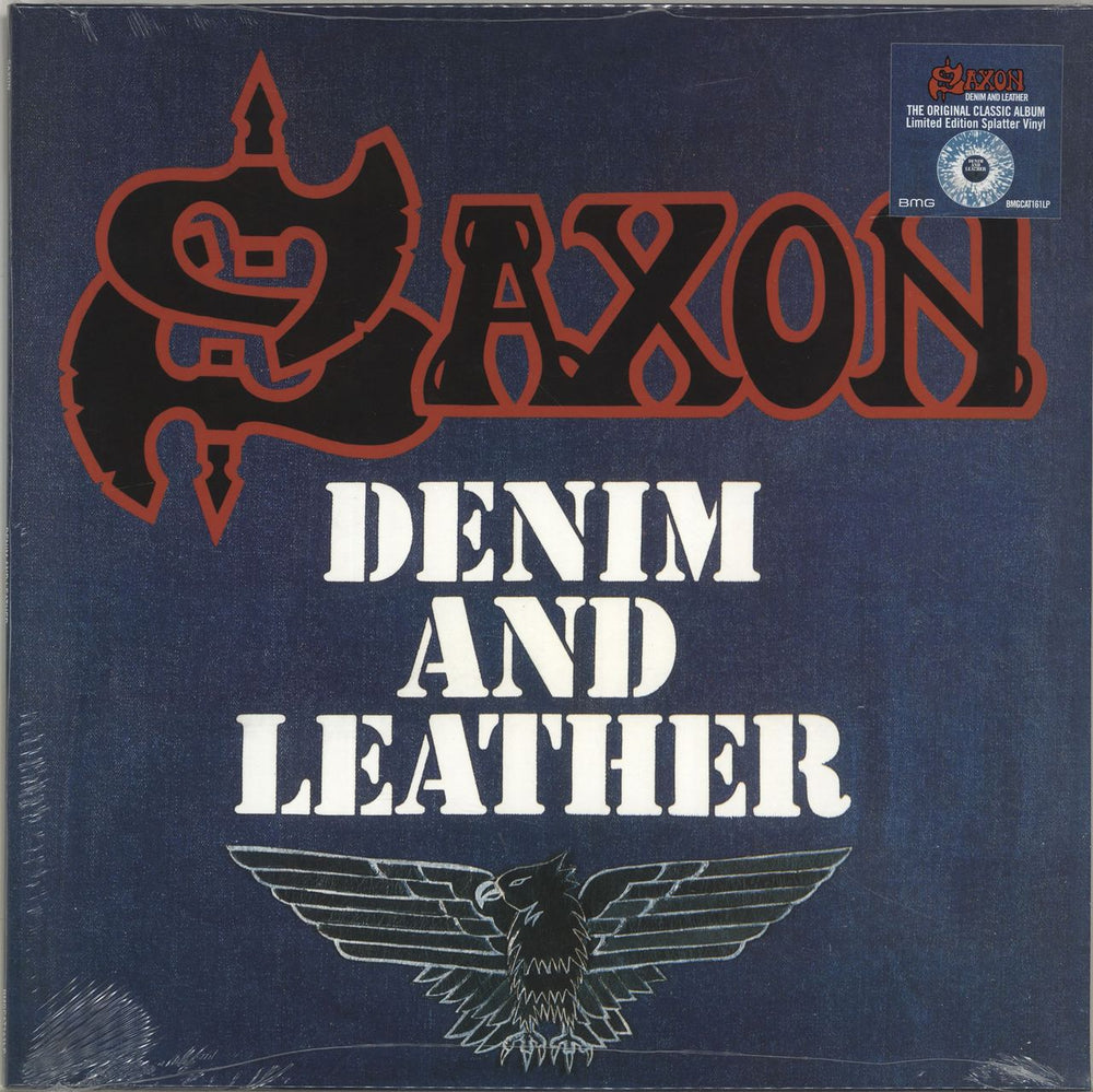 Saxon Denim And Leather - Blue & White Vinyl - Sealed UK vinyl LP album (LP record) BMGCAT161LP